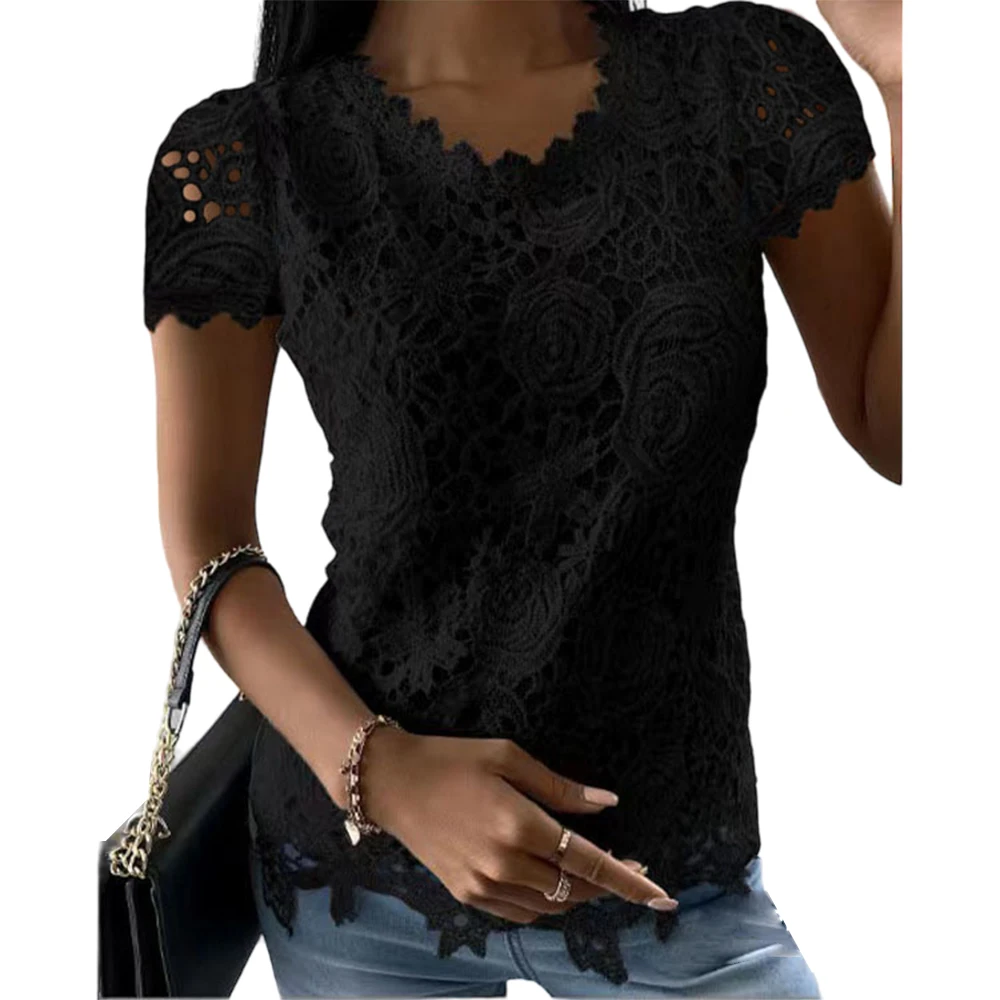 Plus Size Oversized Lace T-Shirt - Casual Round Neck Short Sleeve Top