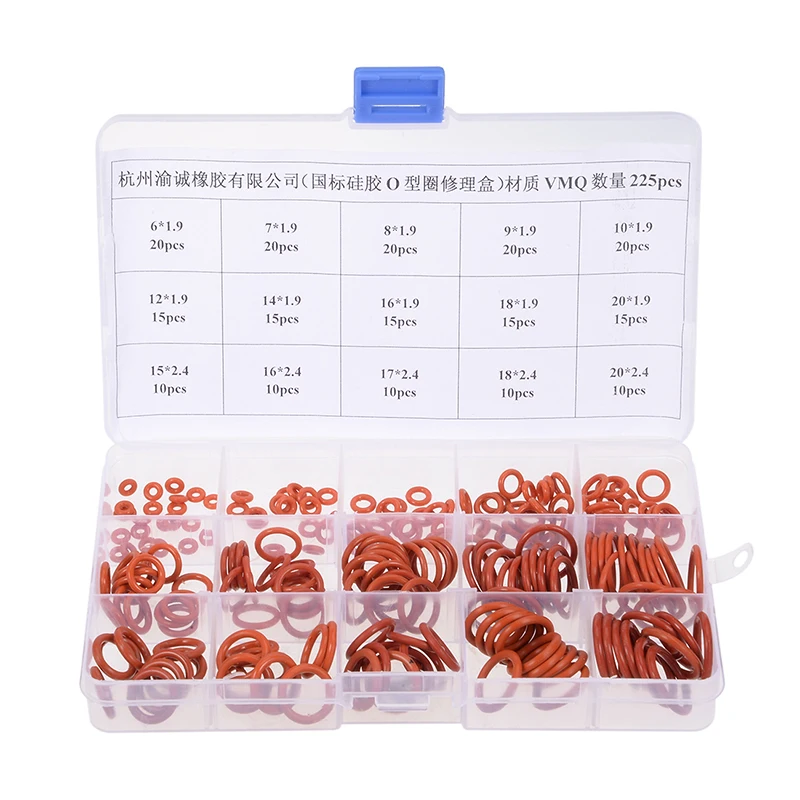 

225pcs Red Silicone Rubber O-Ring Gasket Kit Set Assortment Kit Seal Sealing Washer Cooker Insulated Silica gel Gasket O-Rings
