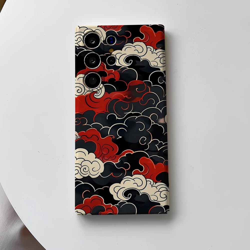 Elegant Red & Black Ukiyo-e Cloud Design Shockproof Phone Case - Double Layer Protection