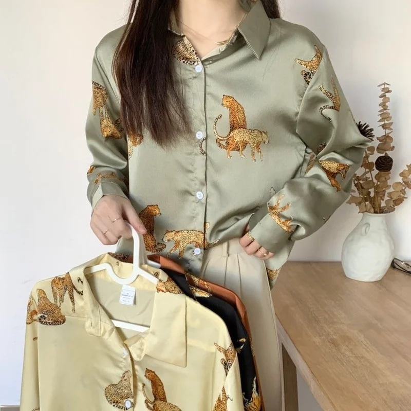 

Fashion Leopard Animal Print Long Sleeve Shirt Vintage Turn Down Collar Blouse Casual Pocket Loose Tops 2023 Women Clothes 20678