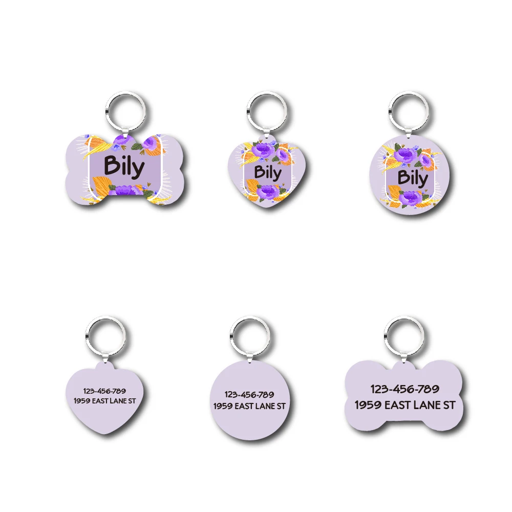 

Personalized Dog Cat Tags Purple Flowers Dog Puppy Pet Id Name Collar Tag Pendant Pet Accessories Paw Glitter Pendant Necklace