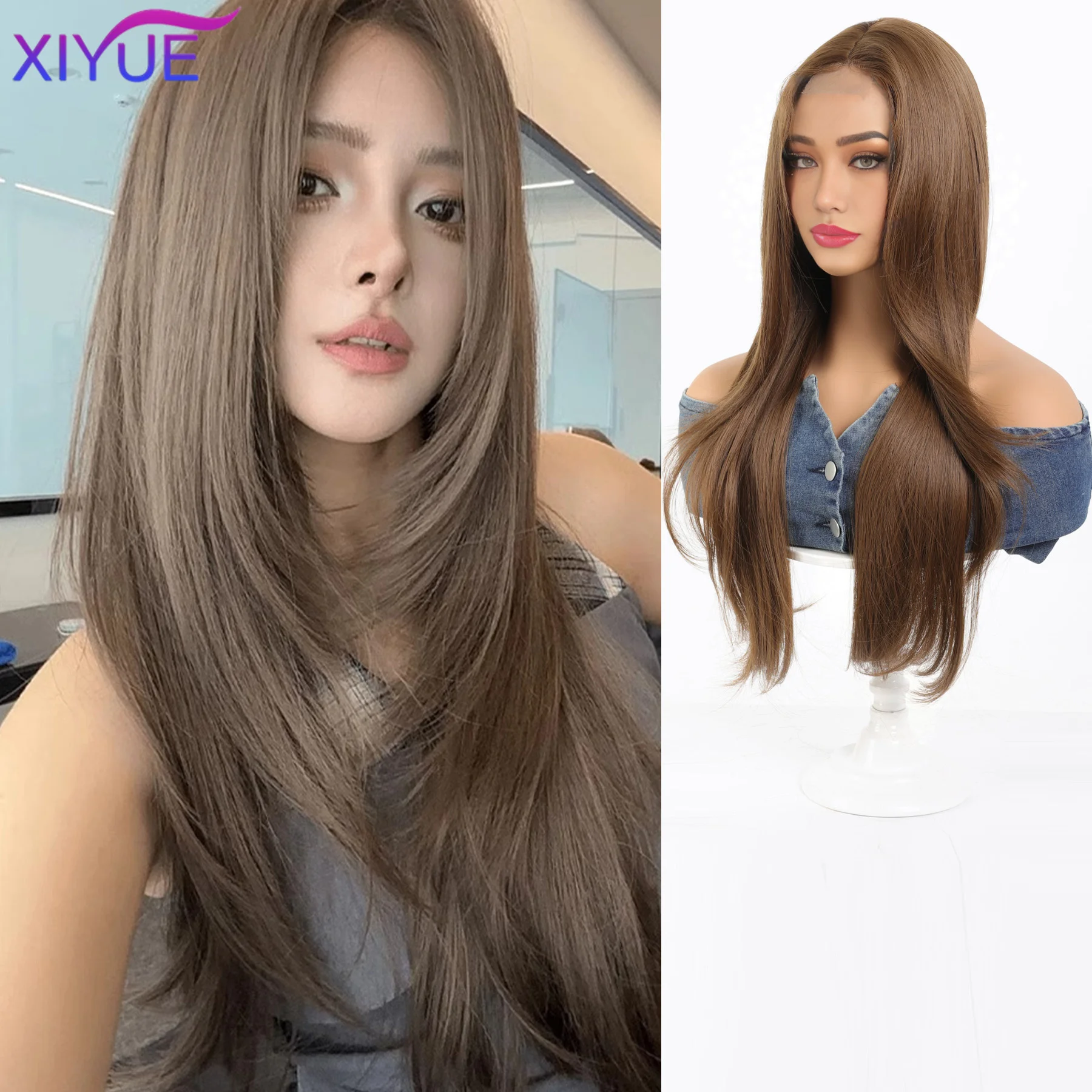 XIYUE 26 Inch Lace Front Wigs Curly Wave Fiber Synthetic Wig Heat-resistant Non-Glare Natural Soft Cosplay Hairpiece For Women