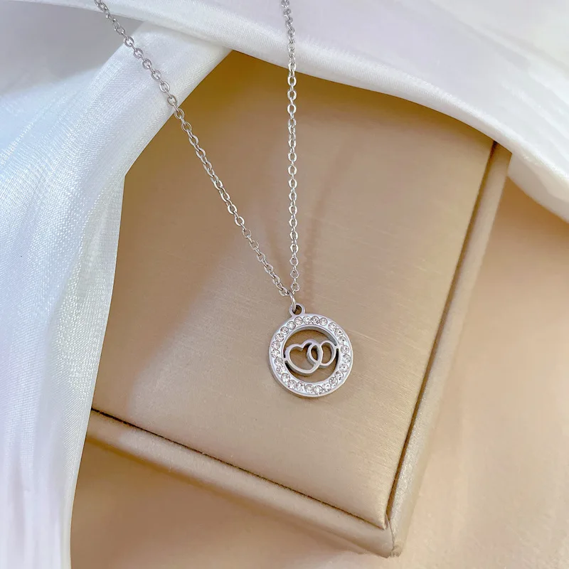18K Gold Plated Double Ring Love Heart Pendant Necklace For Women Full Zircon Titanium Steel Necklace Lover Couple Gift