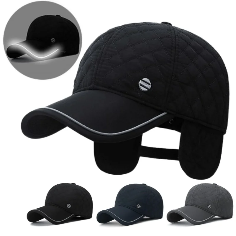 Men Winter Thickened Ear Protection baseball caps with Reflective Strip Male Outdoor Sport Earmuffs Design Warm Dad Hat