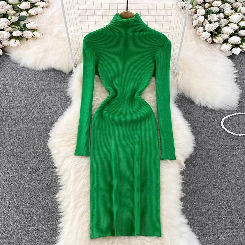 

Autumn Winter Slim Basic Fashion Sexy Women Sweater dress Elegant Turtleneck Long Sleeve Knit Bodycon Pencil Dress