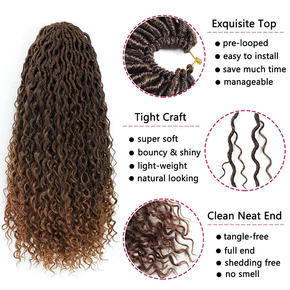 18 Inch Ombre Brown Boho Faux Locs Crochet Hair Synthetic Goddess Locs Crochet Hair Pre Looped Crochet with Curly Ends for Women