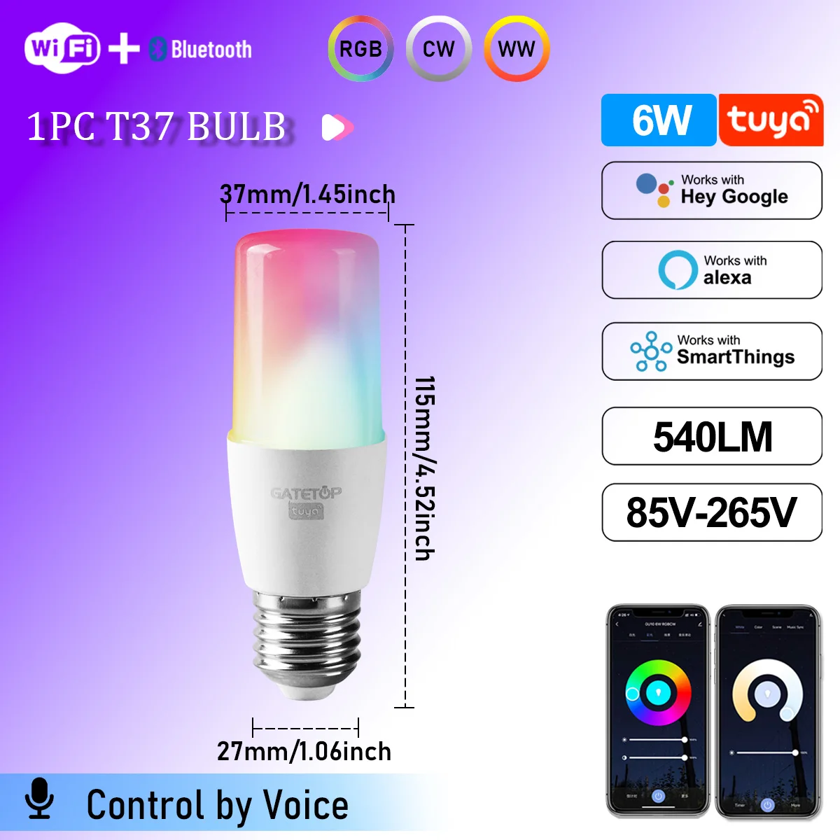 1-10 Pezzi Lampadina LED Intelligente Tuya E27, 6W RGBCW WW, Compatibile con Alexa, Google Home, Yandex Alice, Smartthings