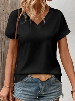 Women's Solid Color V-Neck T-Shirt - Oversized Short-Sleeve, Curved Hem, Soft Fabric, Available in Black, Gray & Navy 1