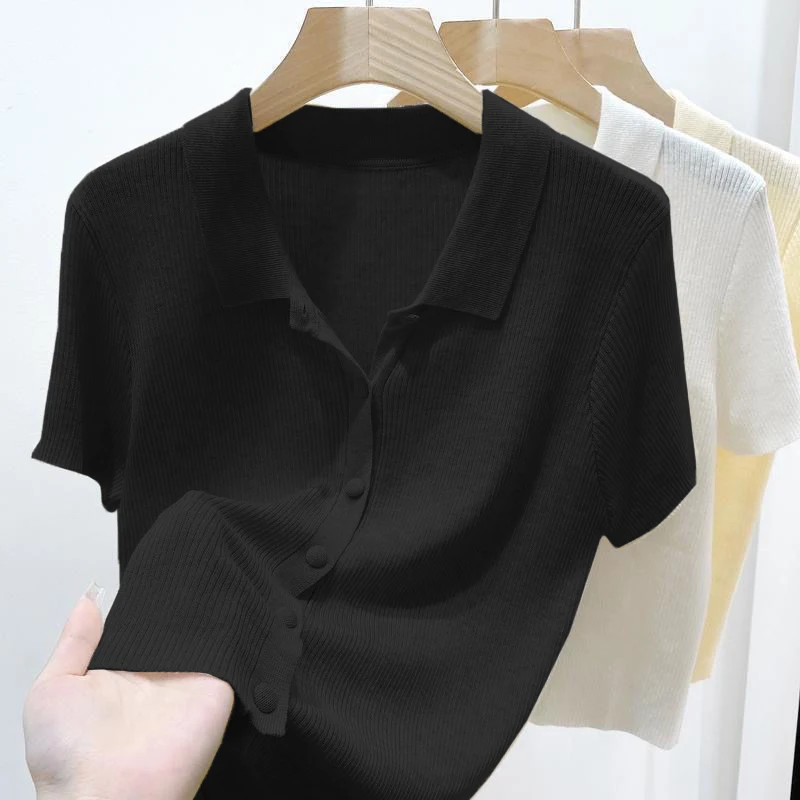 Korean Women's Lapel Short Sleeve Solid Color All Match Slim Knitted Cardigan 3