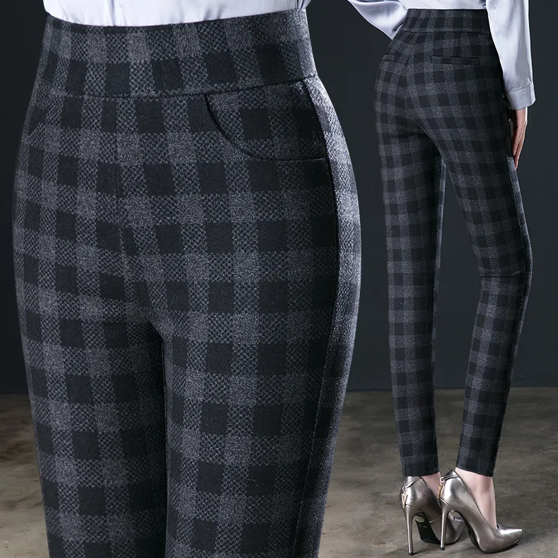 High-waisted Plaid Pants Women Spring and Autumn High Elastic Oversized Size Mother Small Pants Casual Leggings  Pants