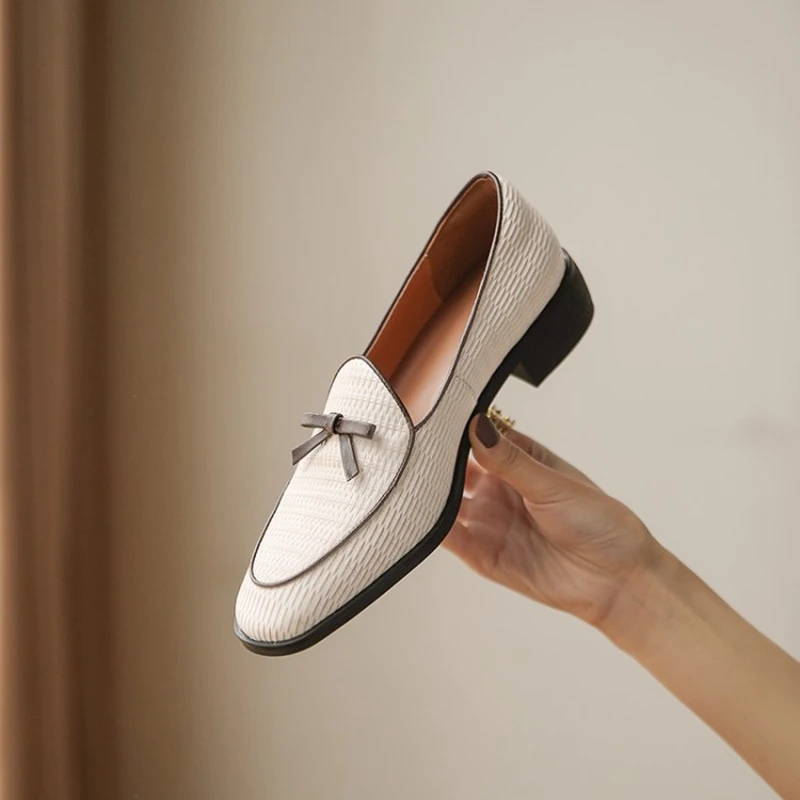 Autumn Casual Women's Cow Leather Square Toe Fringes Flats Slip-on Loafers