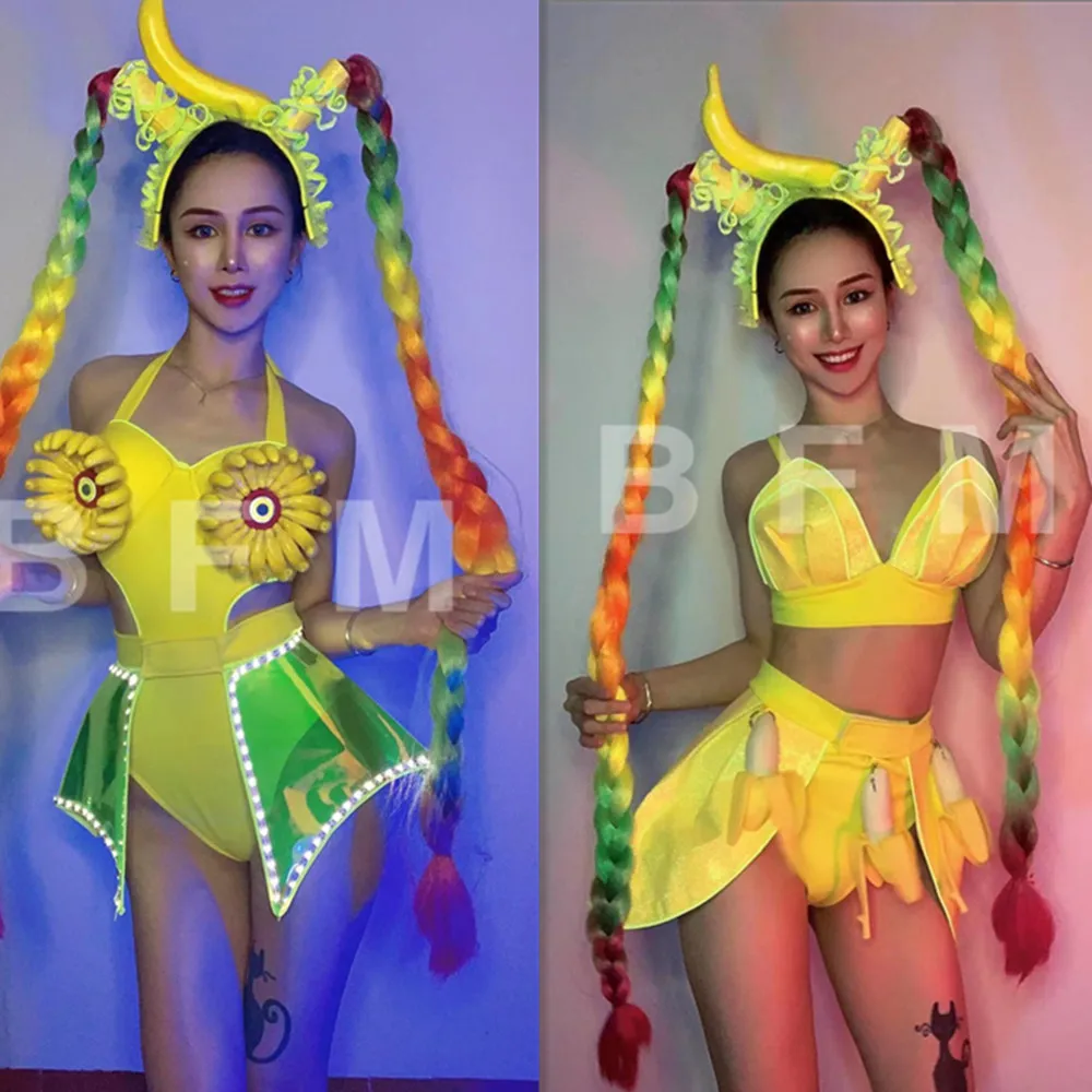 

Nightclub Performance Stage Wear Female Singer Gogo Dance Team Costume Banana Luminous LED Bodysuit Braid Festival Rave Outfit