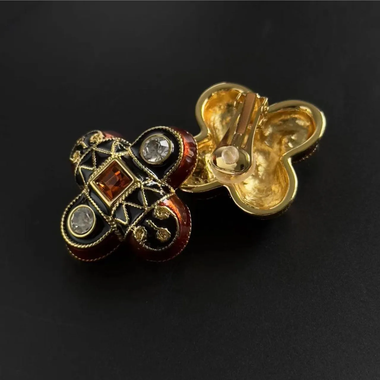 vintage court enamel cross flower sparkling zircon stud earrings for women