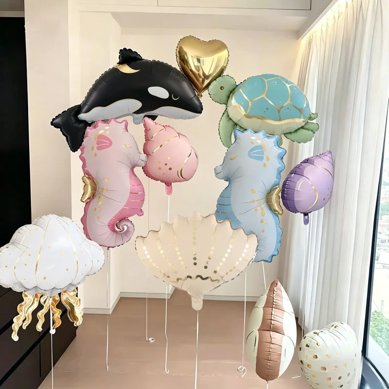 Ocean-Themed Matte Aluminum Foil Balloons - Starfish, Shells, and Jellyfish Party Decor
