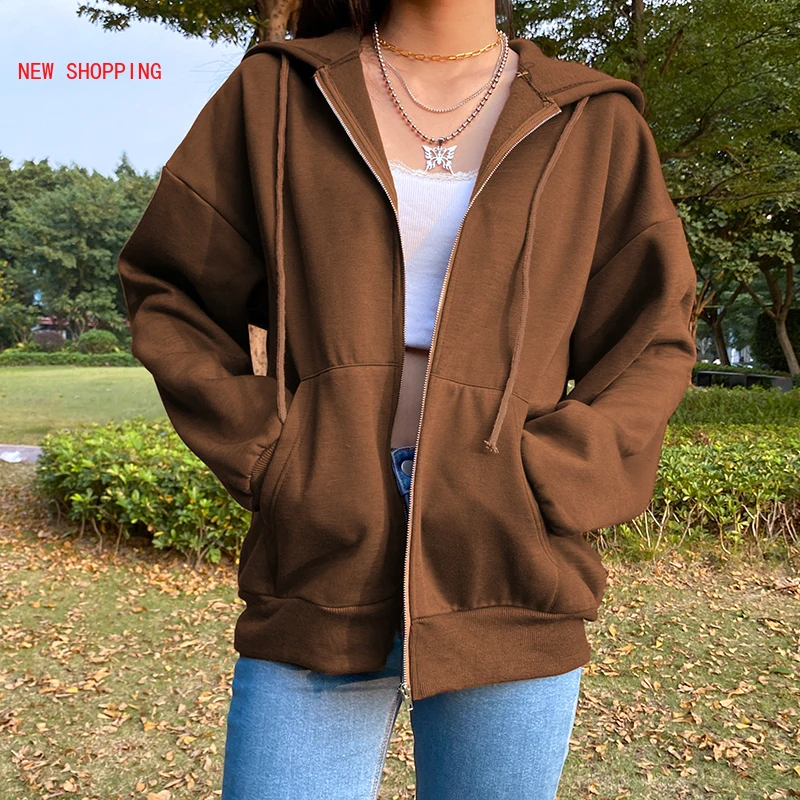 

Spring Brown Hoodies Women's Sweatshirts Blouse Zipper Top Oversized Hoodie Pocket Harajuku Clothing Femme 2023 Autumn Korean