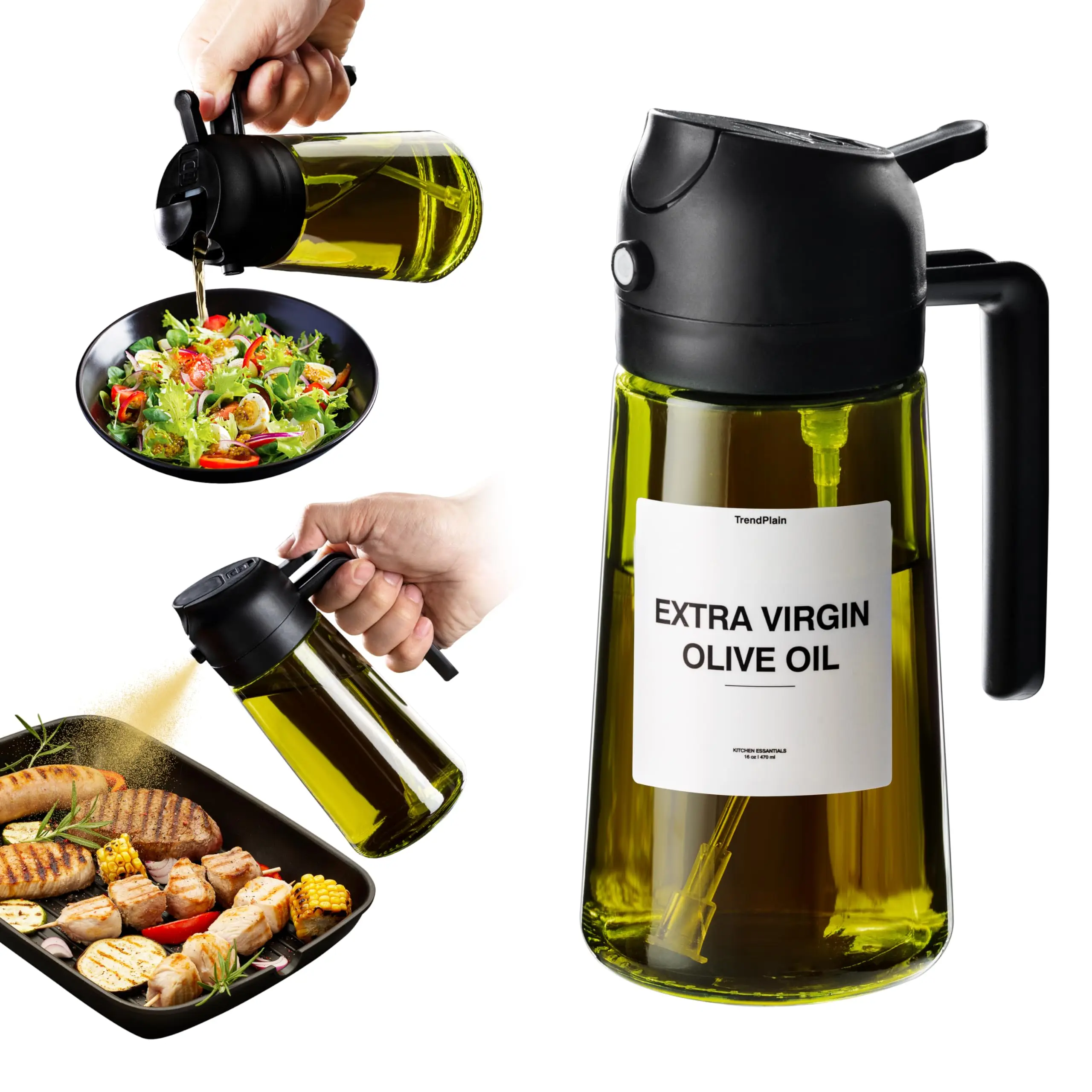 Light Blockage Dark Oil Sprayer for Cooking 2 in 1 Olive Oil Dispenser Bottle 16oz/470ml for Kitchen Glass Bottle Air Fryer