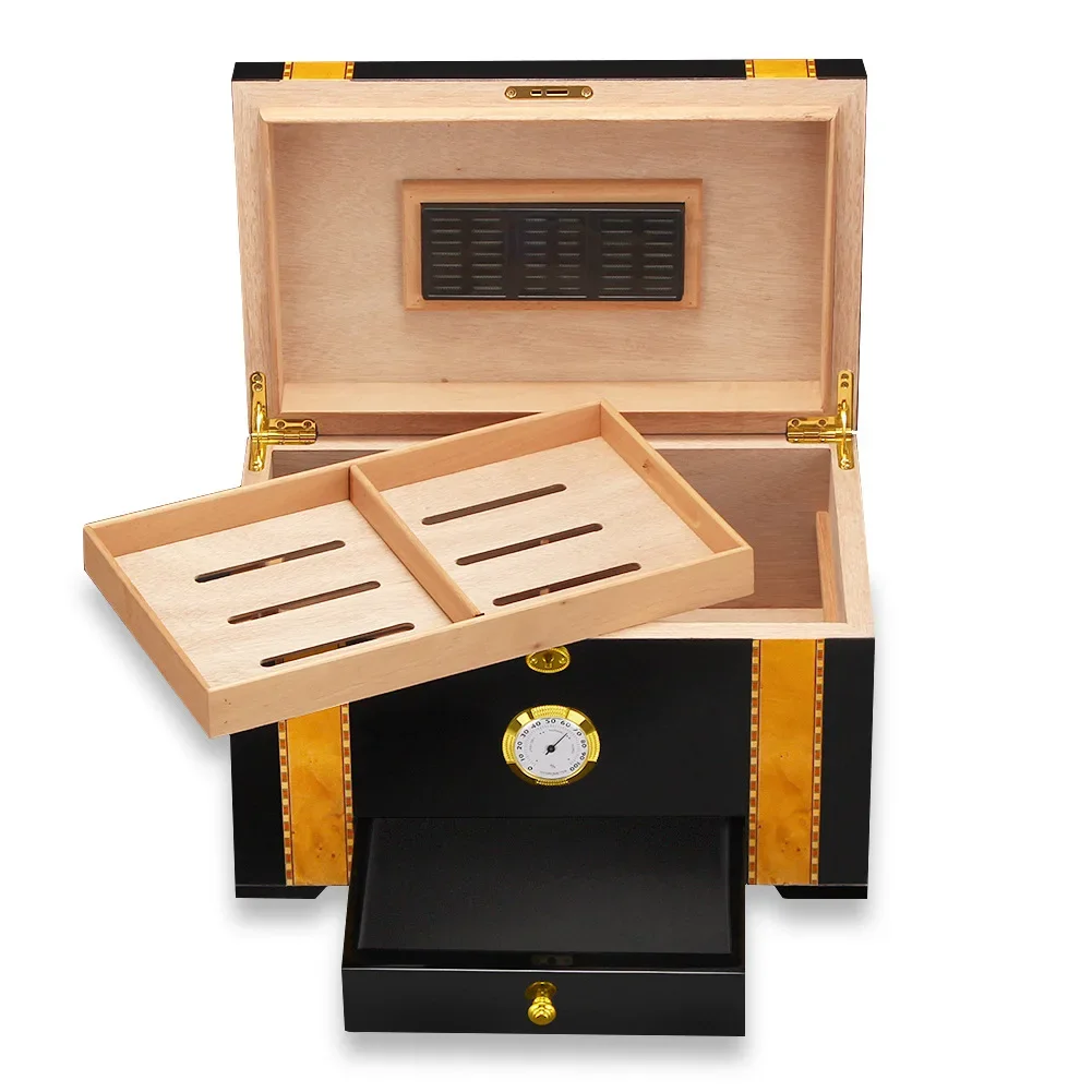

Large Capacity Cigar Case Box Cigar Cabinet Double Layer Cedar Wood Band Drawer Piano Paint Portable Humidor Home Storage Box