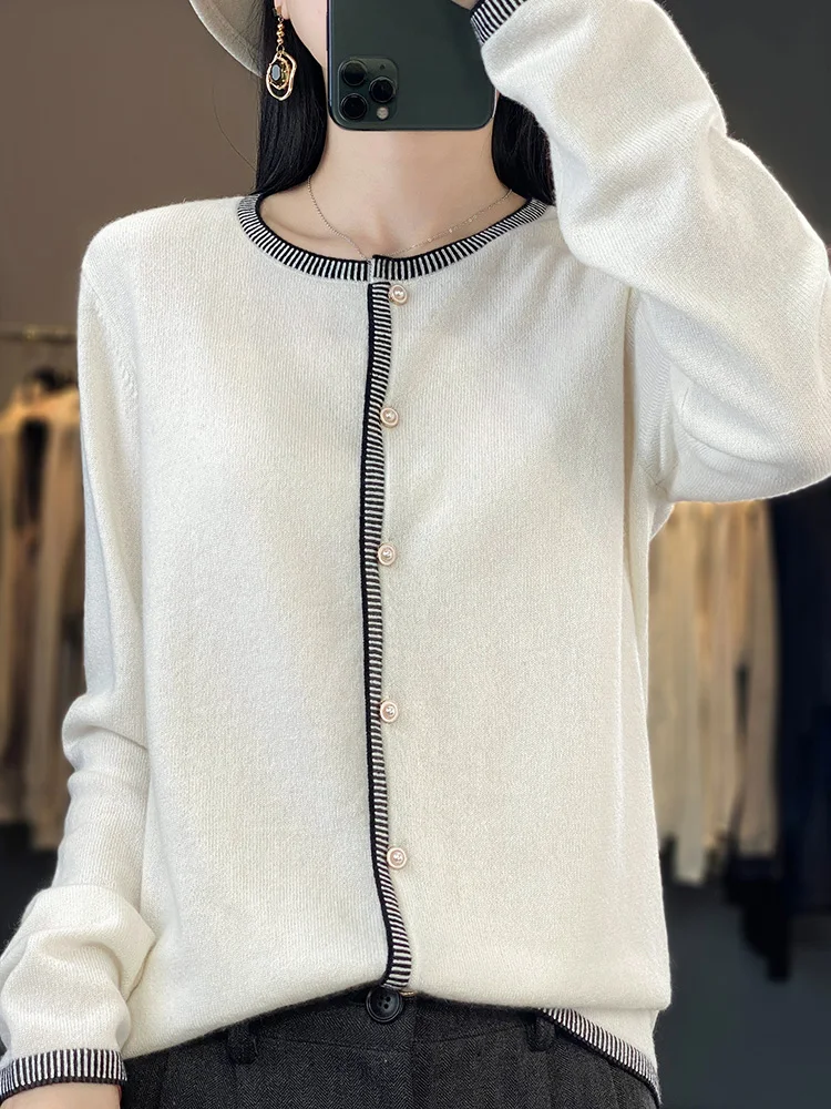 

2023 Spring Autumn New High Quality 100% Wool Women Sweater and Cardigans Button Black White Long Sleeve Formal Knit Outerter