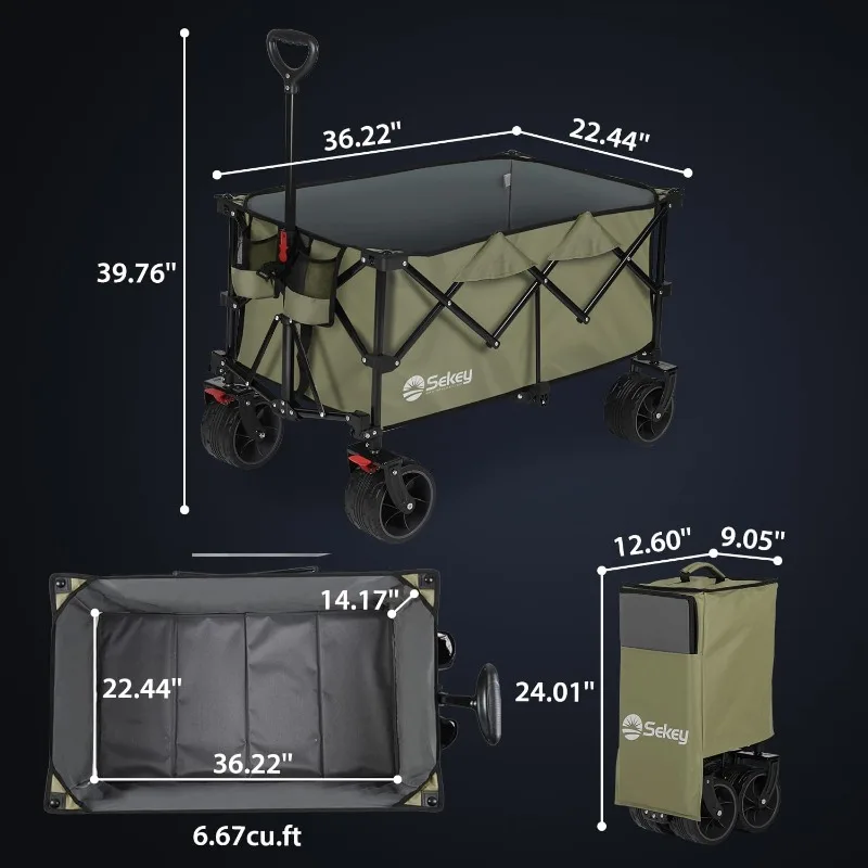 Camping cart,Sekey 220L Collapsible Foldable Wagon with 330lbs Weight Capacity, Heavy Duty Folding Utility Garden Cart with Big 2