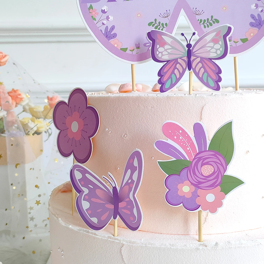 Pink Purple Butterfly Banner Pull Flag Cake Card Decor Butterfly Baby Shower Wedding Princess Girl Happy Birthday Party Supplies