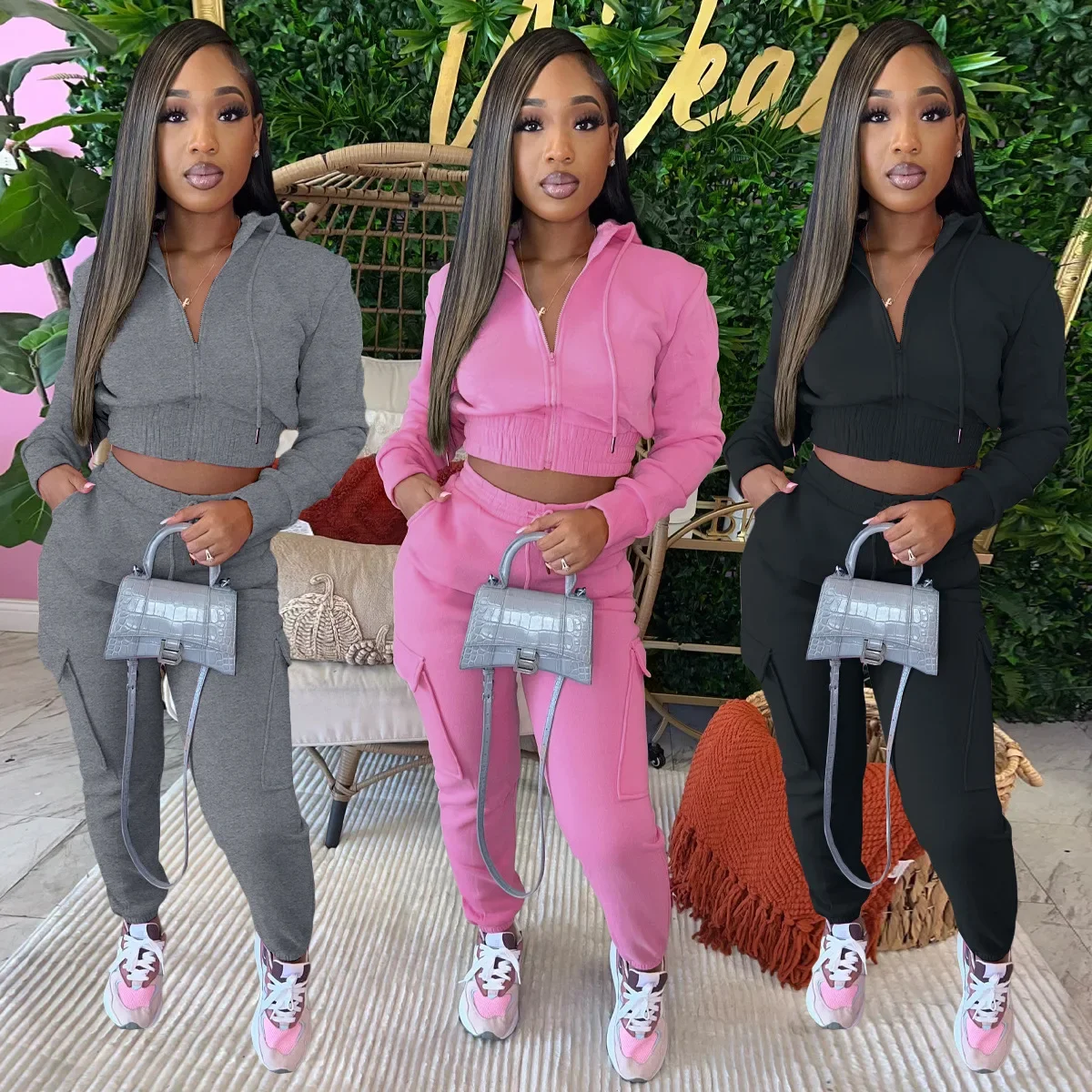 Fitness Crop Jackets 2 Piece Pant Set Elegant Fall Winter Outfits Y2K Streetwear 2023 Women Pockets Cargo Pant Two Piece Set