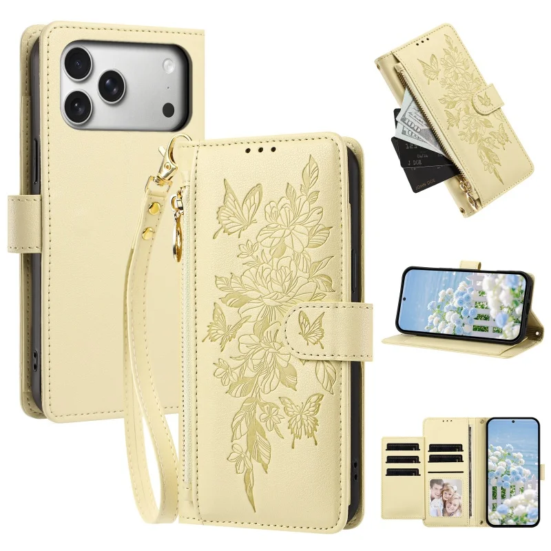 Elegant Pattern Leather Zipper Wallet Phone Case with Wrist Strap and Card Holder Cover
