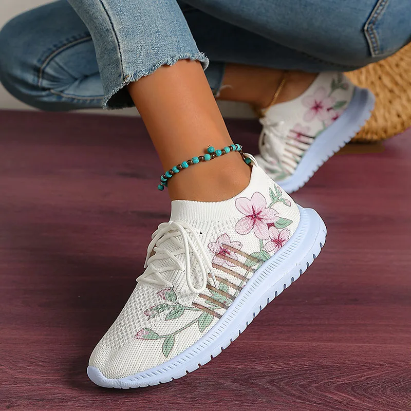 Fashion Printed Knitted Sneakers Women New Lightweight Breathable Flats Woman Lace-Up Non-Slip Ladies Sports Shoes women sneakers
