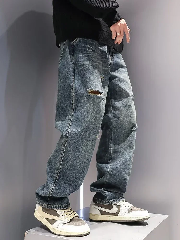 Men's Baggy Ripped Jeans Fashion Hip Hop Hole Streetwear Distressed Washed Trousers Straight Loose American Denim Pants For ripped jeans ripped patchwork jeans