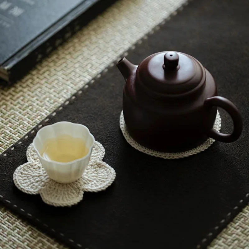Handcrafted Retro Chinese Style Tea Cup Coaster Absorbent Cotton Thread Heat Resistant Tea Pot Mat Purple Clay Tea Brewing Mat