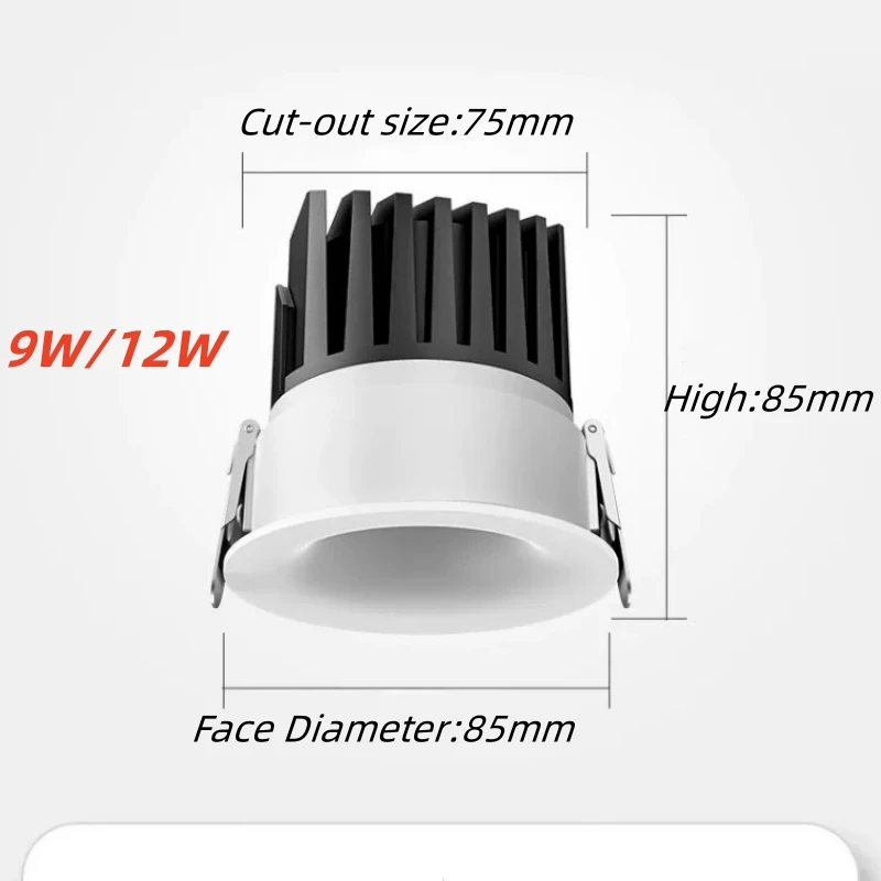 오목한 눈부심 방지 LED 다운라이트, 조도 조절 AC85-265V 천장 조명, 스포트라이트, 가족 거실 침실 조명, 9W, 12W