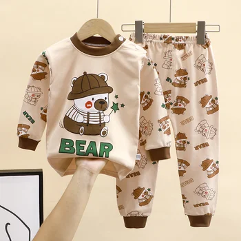 Autumn Kids Cartoon Pajama Sets Spring Girls Boys Print Sleepwear Suits Baby Long Sleeve T-Shirt+Pants 2Pcs Outfits Clothes 0-8Y 1