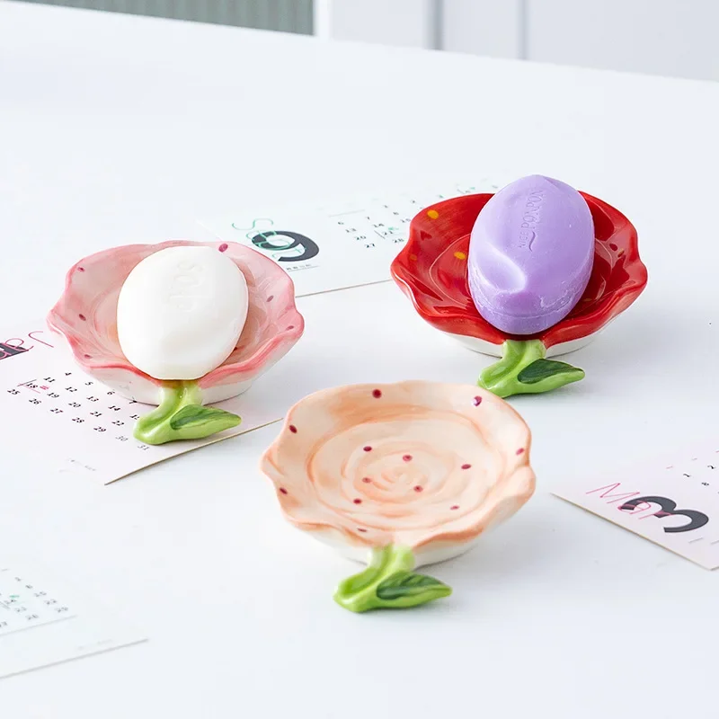 Creative Drain Dish Storage Box, Home Bathroom and Kitchen Articles, Ceramic Rose Blossom Sunflower Shape, Soap Dishes, 1Pc