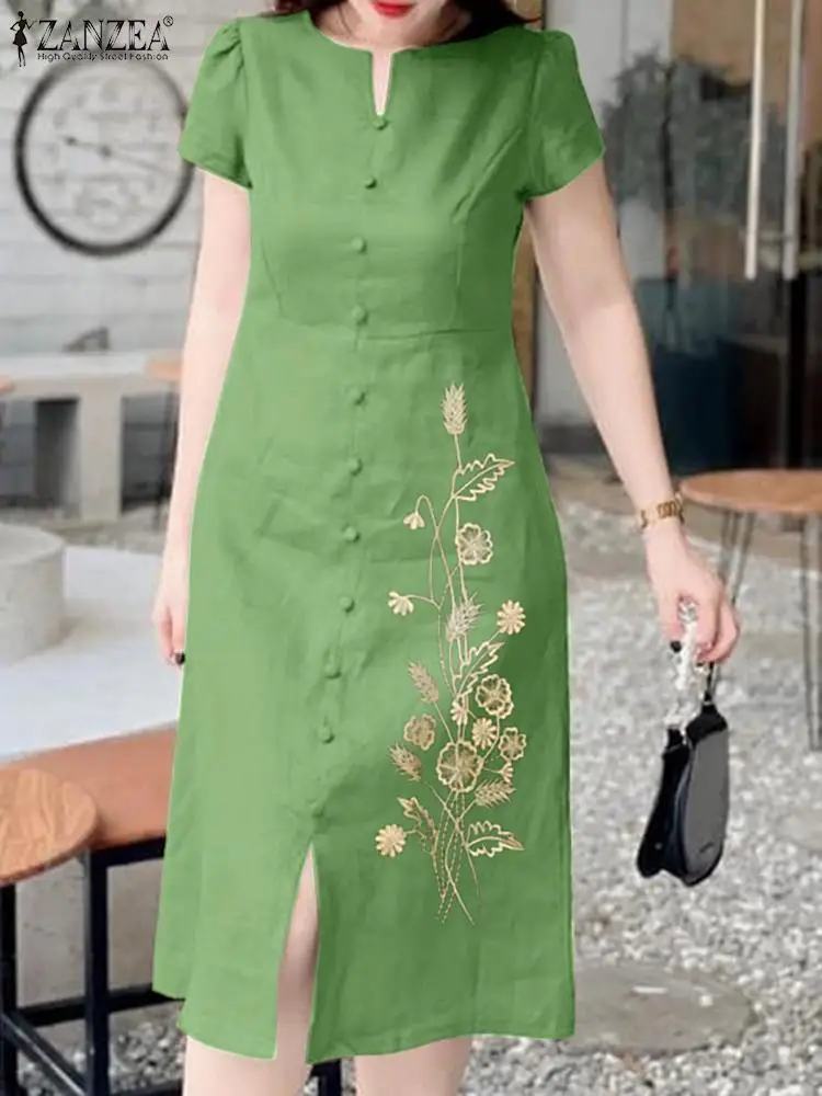 

ZANZEA Summer Embroidery Midi Dress Vintage 2024 Women Short Sleeve Vestidos Buttons Slit Vestidos Holiday Casual Loose Dresses