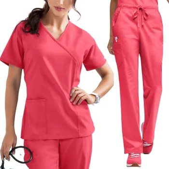 New Scrubs Set Medical Uniforms Stretch Scrub Tops with Pocket Pants Nurse Uniform Doctor Surgery Overalls Beauty Salon Workwear