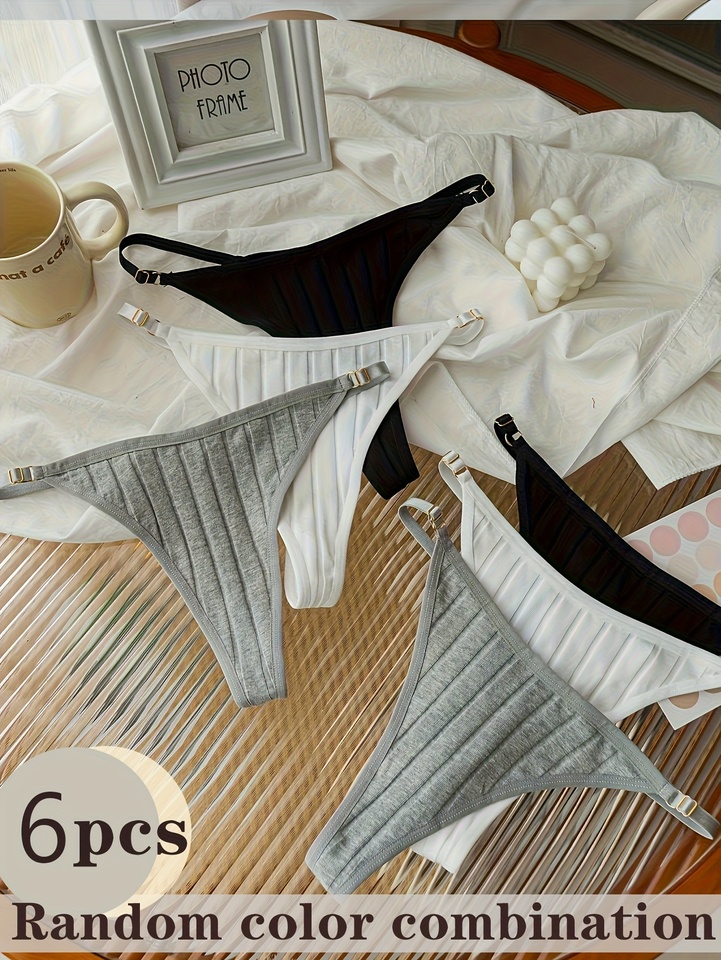 Random 6 pairs of mixed-color pure cotton women's thongs with adjustable straps, simple and new women's underwear