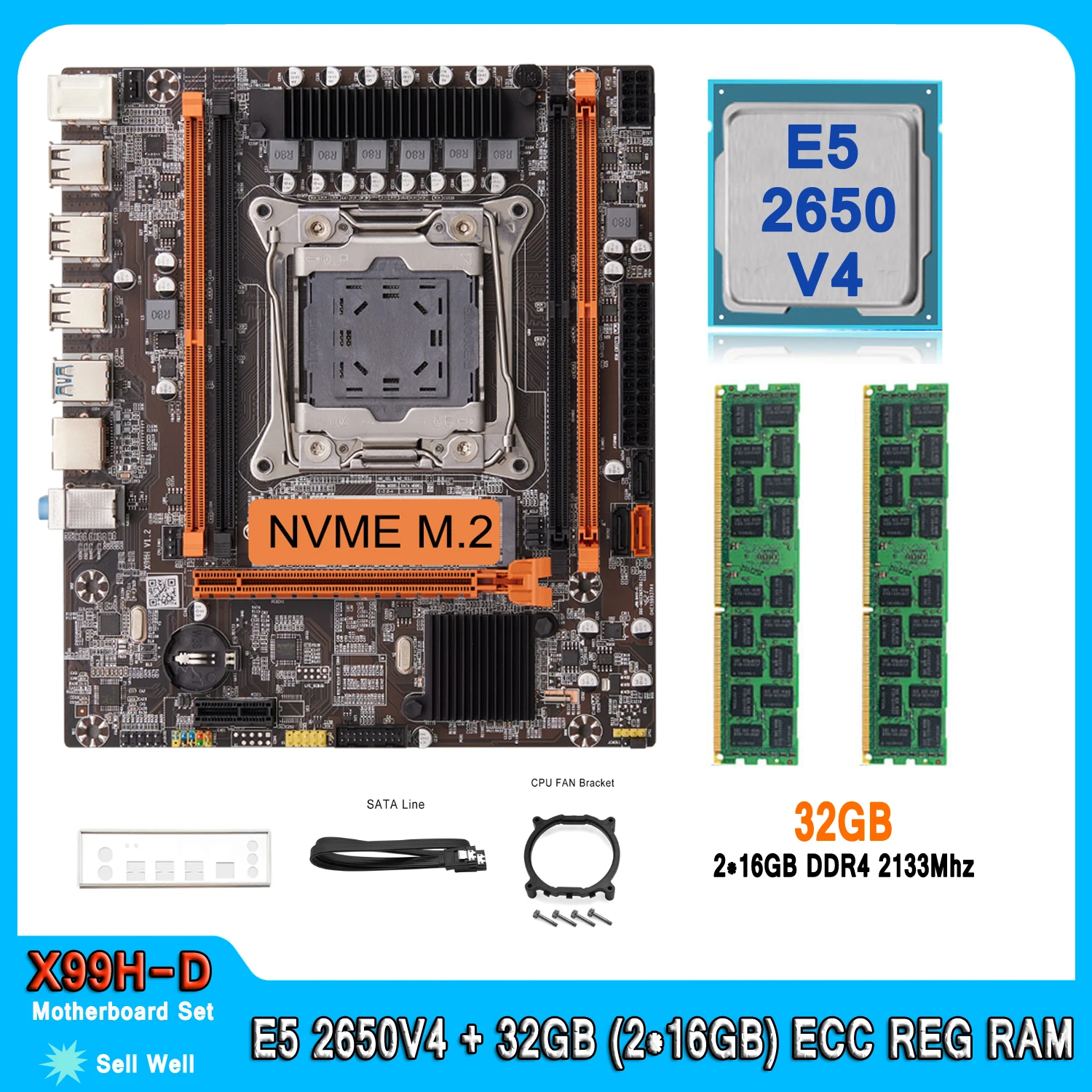 

X99 Motherboard Set Kit With LGA 2011-3 Xeon E5 2650 V4 CPU DDR4 32GB (2*16GB) 2133MHZ RAM Memory E5 2650V4 Motherboard