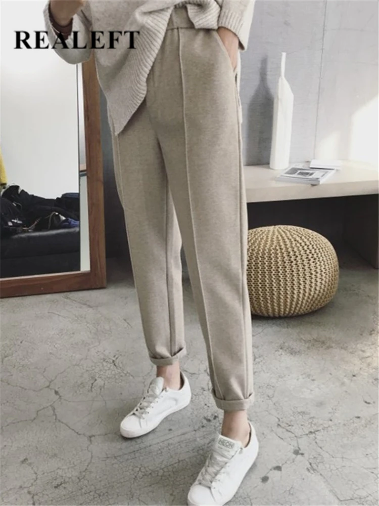 

REALEFT Autumn Winter Woolen Thicken Women Pencil Pants High Waist Ankle-Length Loose Straight Lady Harem Pants Pocket 2023 New