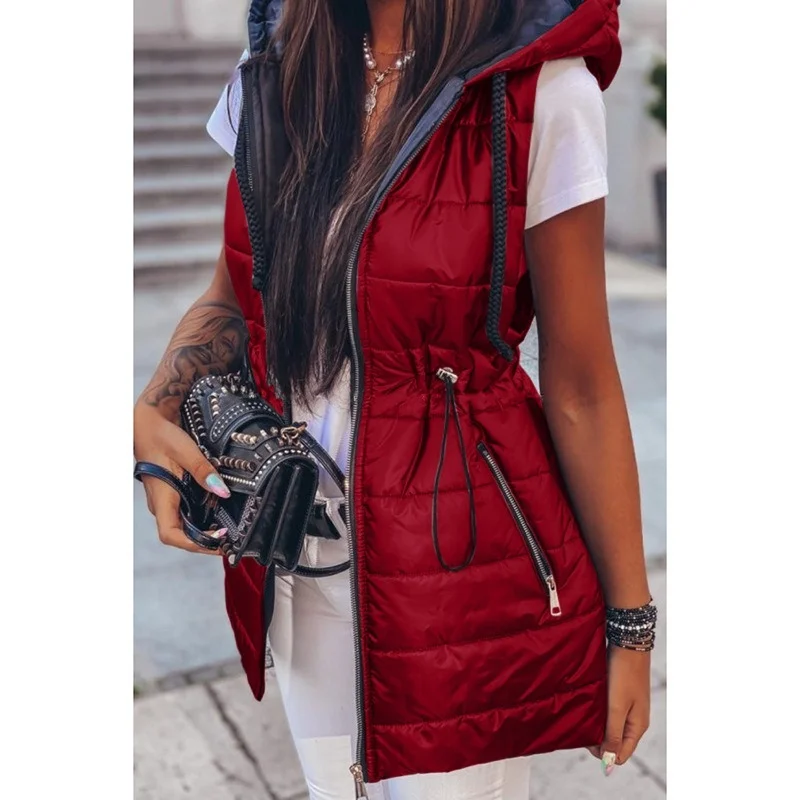 Women's Shiny Winter Long Vest Coat Solid Hooded Sleeveless Zipper Jacket Oversize Warm Thick Casual Parka Outwear Fashion 2023