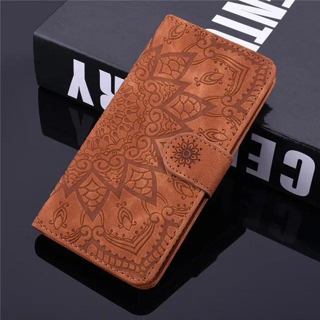 Mandala Flower Flip Case For Samsung Galaxy S8 + S9 S10E S20 S21 FE Note 10 Plus Note 20 Ultra Leather Wallet Cover Phone Coque Brown