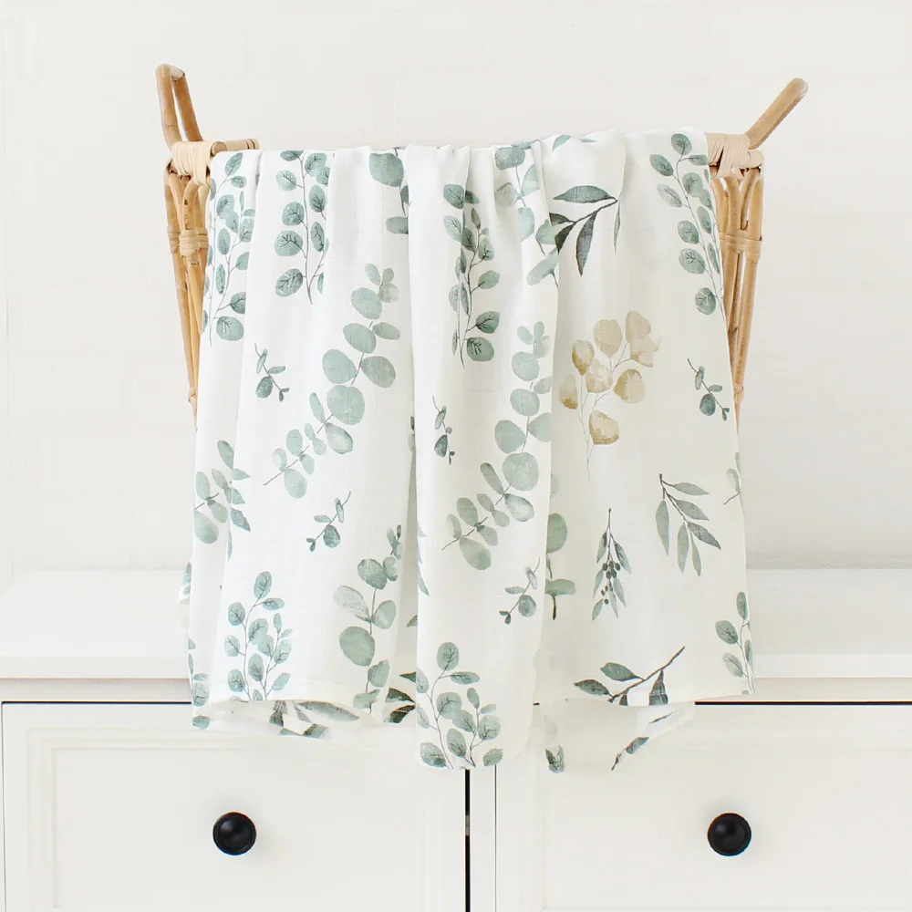 Eucalyptus Printed Organic Bamboo Cotton Muslin Baby Swaddle Blanket
