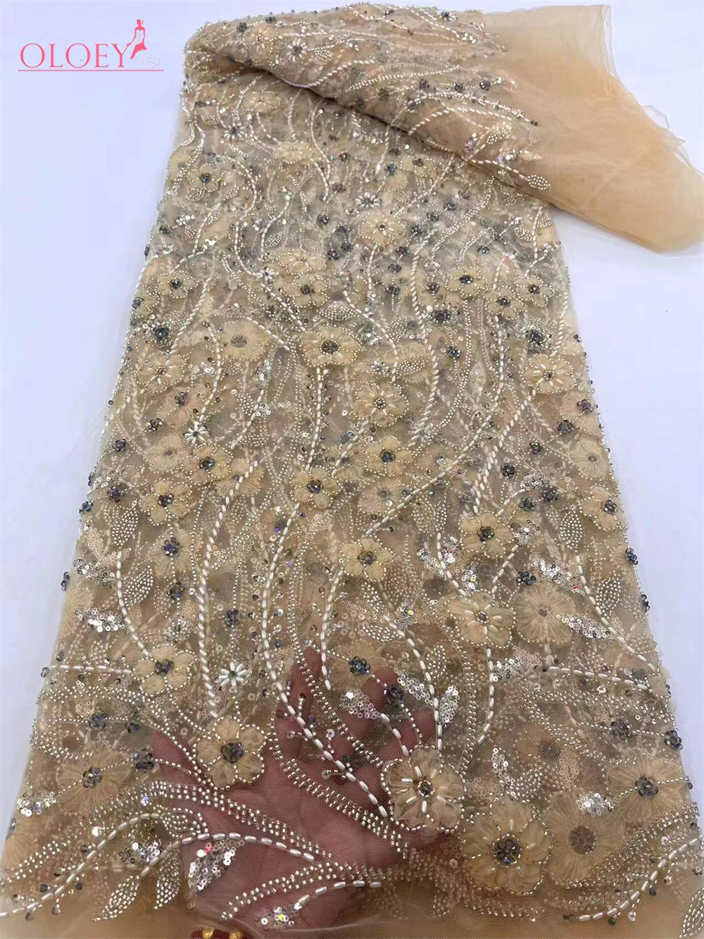 

2024 Fashion Elegant French Embroidery Beaded Lace Fabric African Nigerian With Sequins Fabric For Wedding Dress