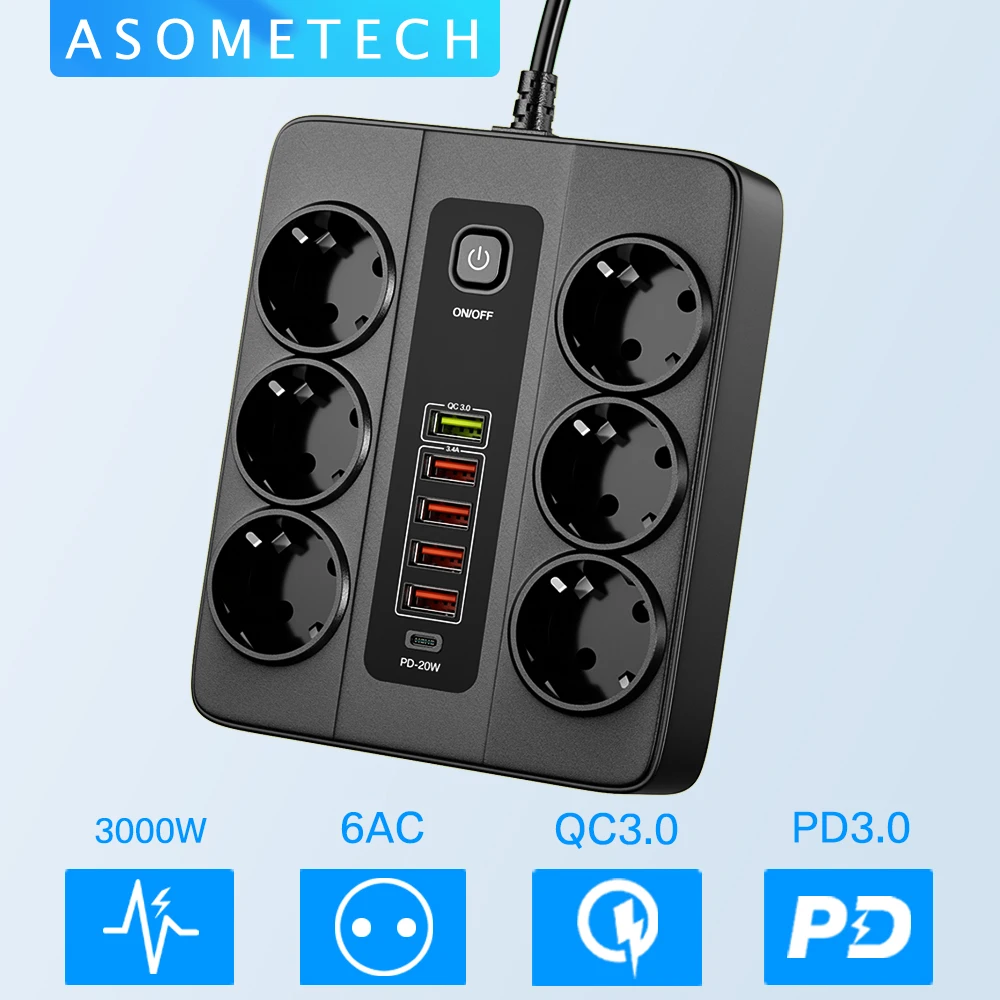 Power Strip com Vários Usb c Carregador Rápido Soquete Doméstico Inteligente Proteção contra Sobrecarga Extensão Múltipla tipo c 3000w pd Qc3.0 eu