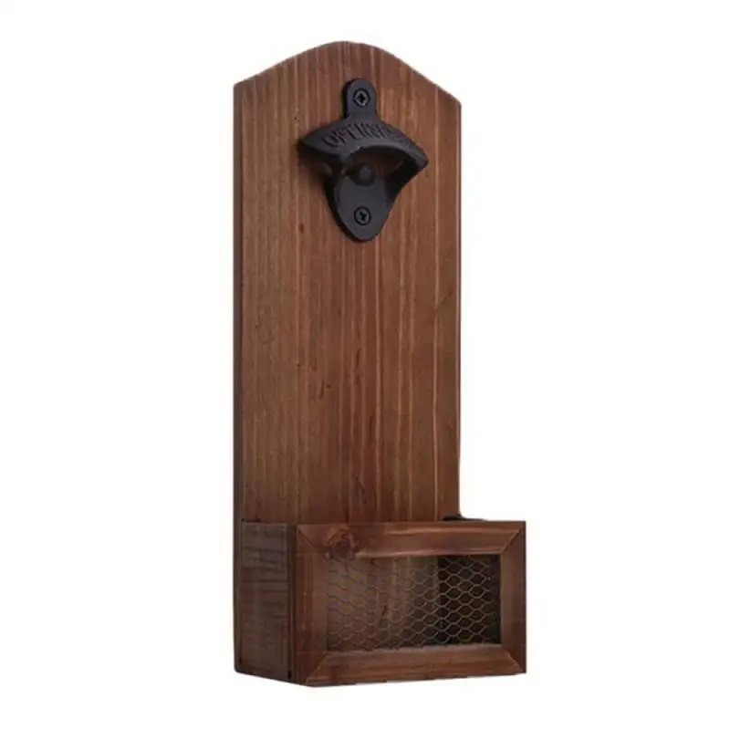 

Wooden Bottle Opener with Lid Collector Vintage Wooden Wall Mounted Beer Bottle Opener Wine Beer Corkscrew Kitchen Gadget