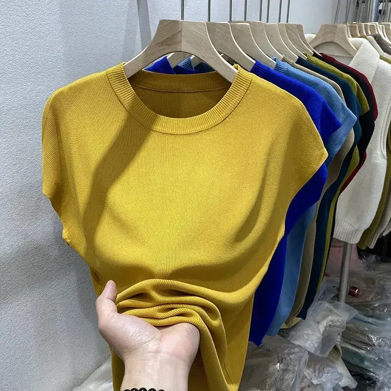 Women's T-shirt Summer O Neck Knitted Fashion Woman Blouse Short Sleeve Tees Solid Color Ice Silk Oversized T-shirt Women