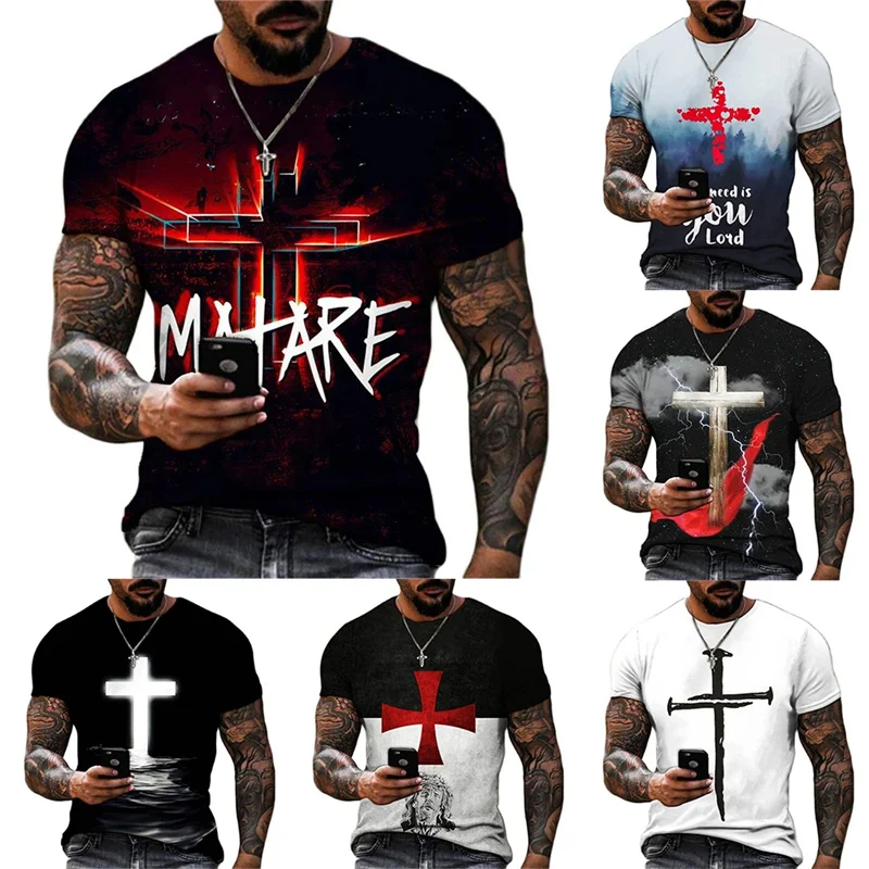 

2024 Men's Short Sleeve Summer Casual Cross Graphic Tshirts Oversized Vintage Street Round Neck T-Shirt Daily Man Camisetas 4XL