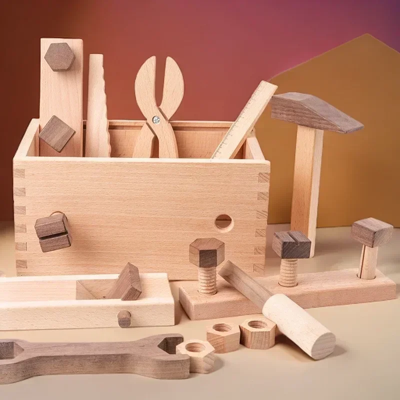 Kids Tool Set Wooden Educational STEM Construction Montessori Toys Role Play Interactive Games for Kid Portable Storage Tool Box