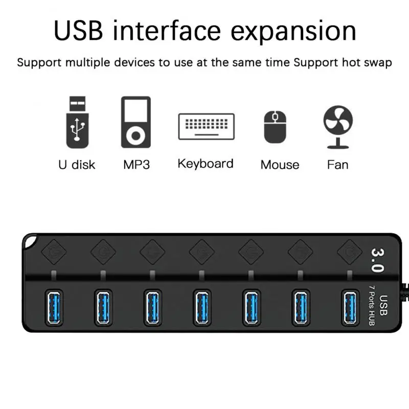 USB 어댑터 7 포트 멀티 포트 허브, 안정적인 노트북 액세서리, Usb3.0 7 포트 허브 확장, 5gps 다기능 전화 액세서리