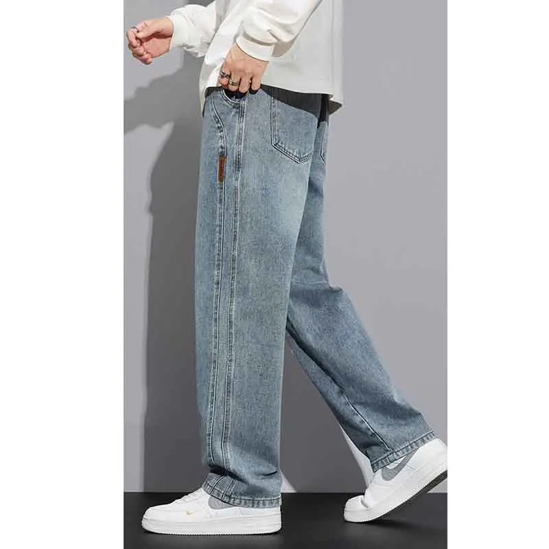 Korean Vintage Blue Wash Loose Casual Wide Leg Jeans Men Elastic Waist Drawstring Pocket Summer Versatile Straight Denim Pants