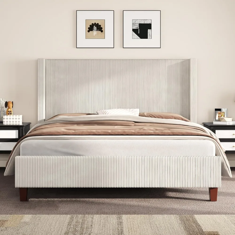Queen Size Upholstered Bed Frame with 50.8" Tall Headboard, Wingback Platform Beds with Solid Wood Legs, Bed Frames 3
