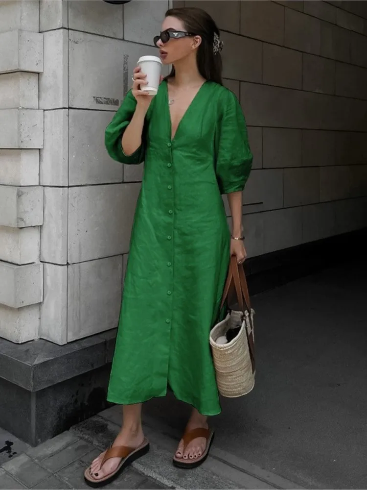 Abito lungo elegante stile maturo leggero Abito lungo in cotone e lino con scollo a V maniche a palloncino Abito con cintura sottile senza schienale Abito lungo stile primavera autunno - immagine 5